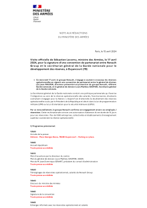 2024 年 4 月 17 日，请访问陆军部部长塞巴斯蒂安·勒科尔努 (Sébastien Lecornu) 办公室，签署雷诺集团合作伙伴大会签名协议